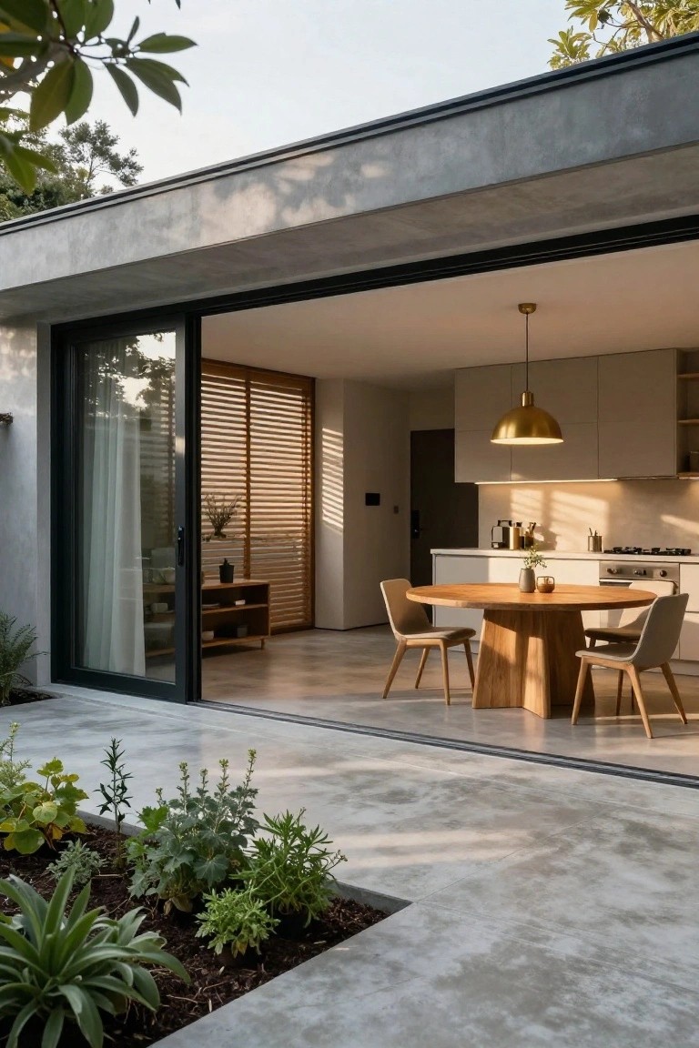 Modern kitchen with round wooden table, open sliding doors, and garden patio.