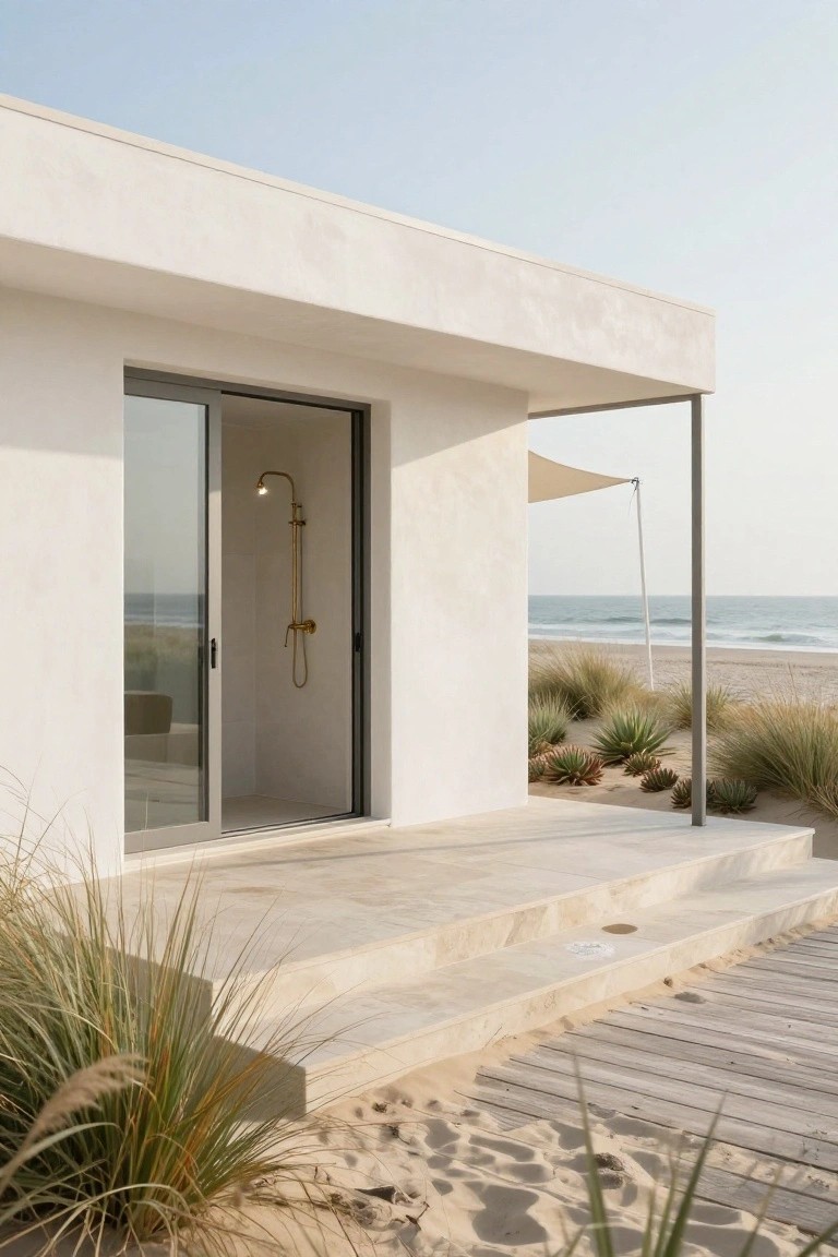 A minimalist white beach house with open sliding doors showing a brass outdoor shower, stone steps down to the sand, and ocean in the background.