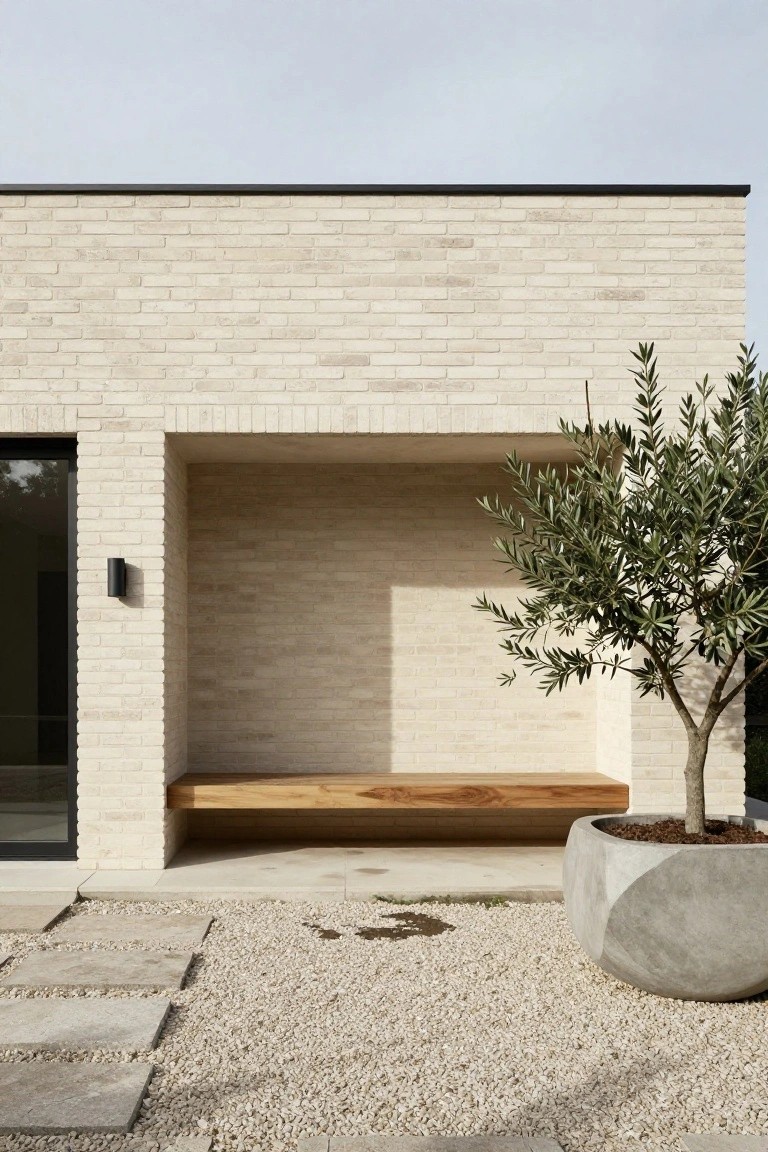 A light brick house exterior with a recessed niche holding a wooden bench, a black door to the left, and a large potted tree on gravel ground.