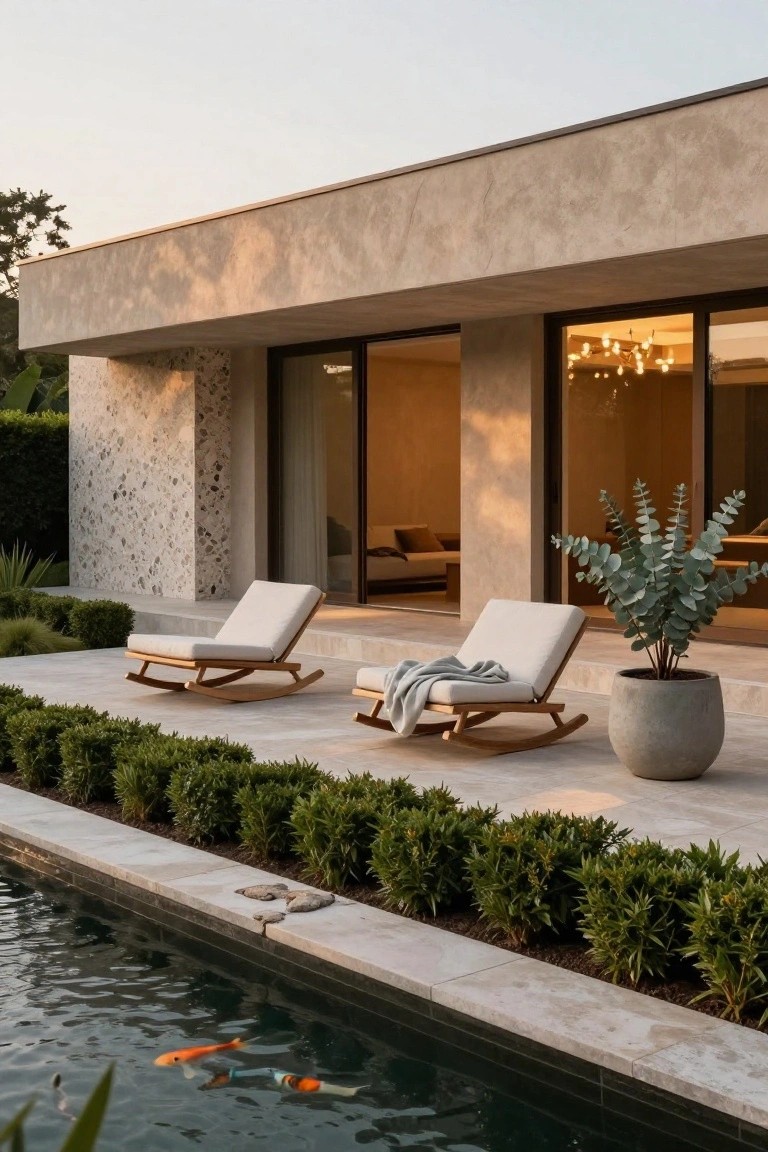 Two wooden rocking chairs with light cushions sit on a paved patio next to a swimming pool, with a potted plant, low shrubs, and large glass doors on the house behind them.
