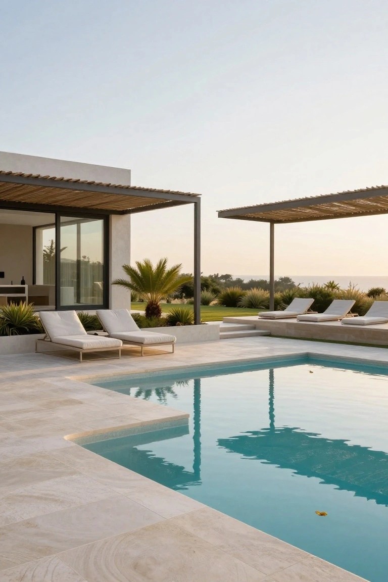 A modern villa pool deck with white lounge chairs arranged under two simple wooden pergolas next to a calm swimming pool.