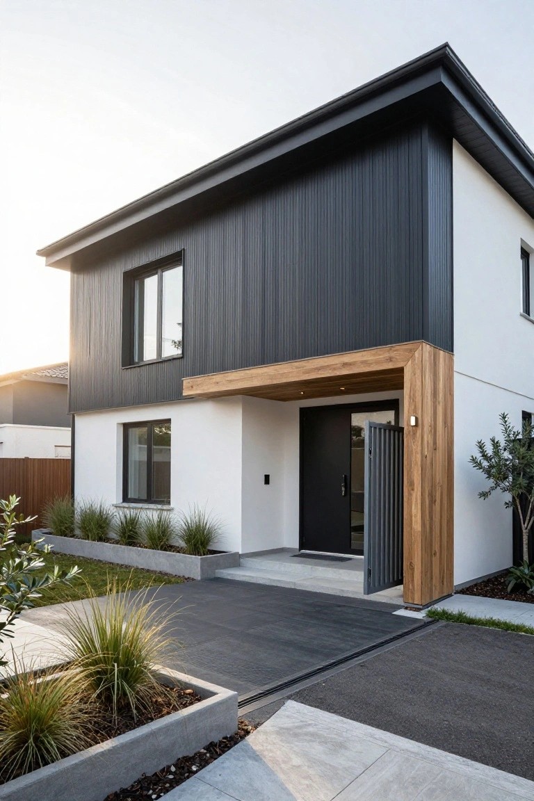Modern two-story house with black vertical siding, white walls, and wooden entryway.