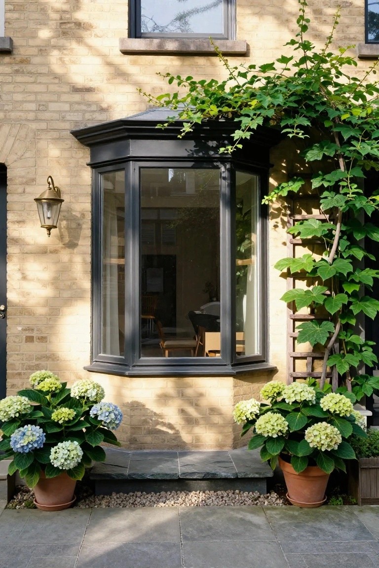 Brick house with black bay window, potted hydrangeas, and climbing vines on trellis