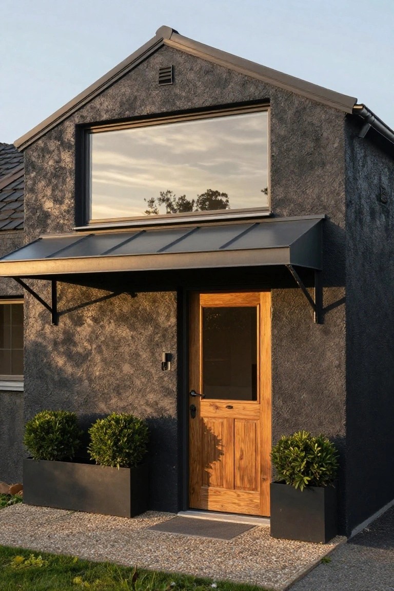 A compact modern house with dark textured walls, a wooden front door under a black metal awning, a large window above the door, and three planters at ground level.