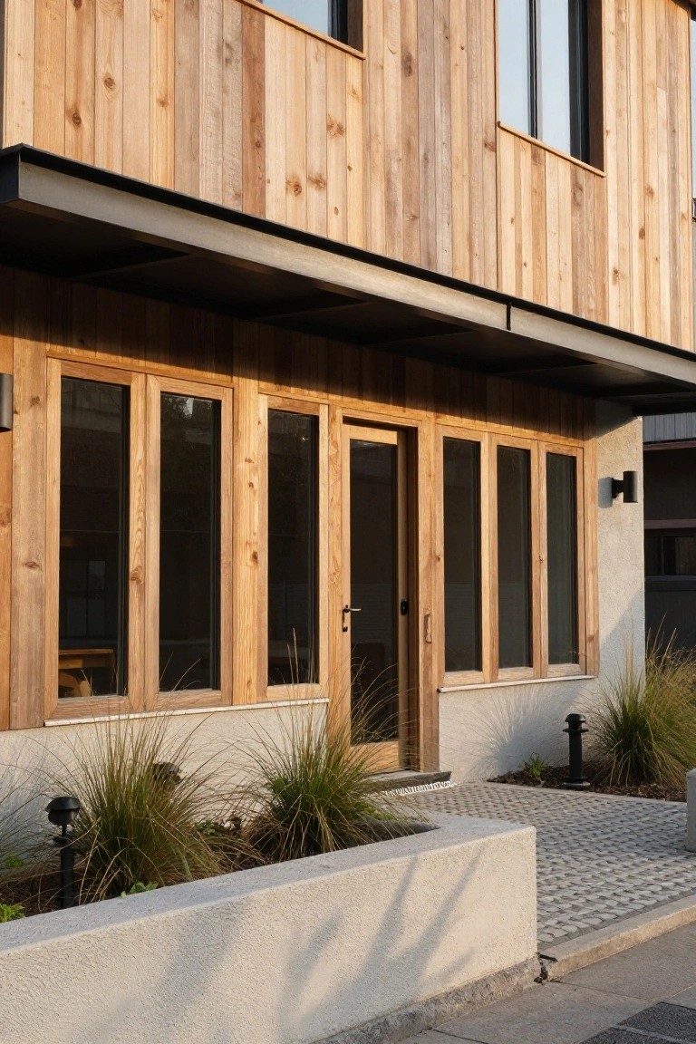 Modern house exterior featuring vertical wood siding, grouped windows, a glass door, and a dark overhang above, with concrete base and low plants along the front.