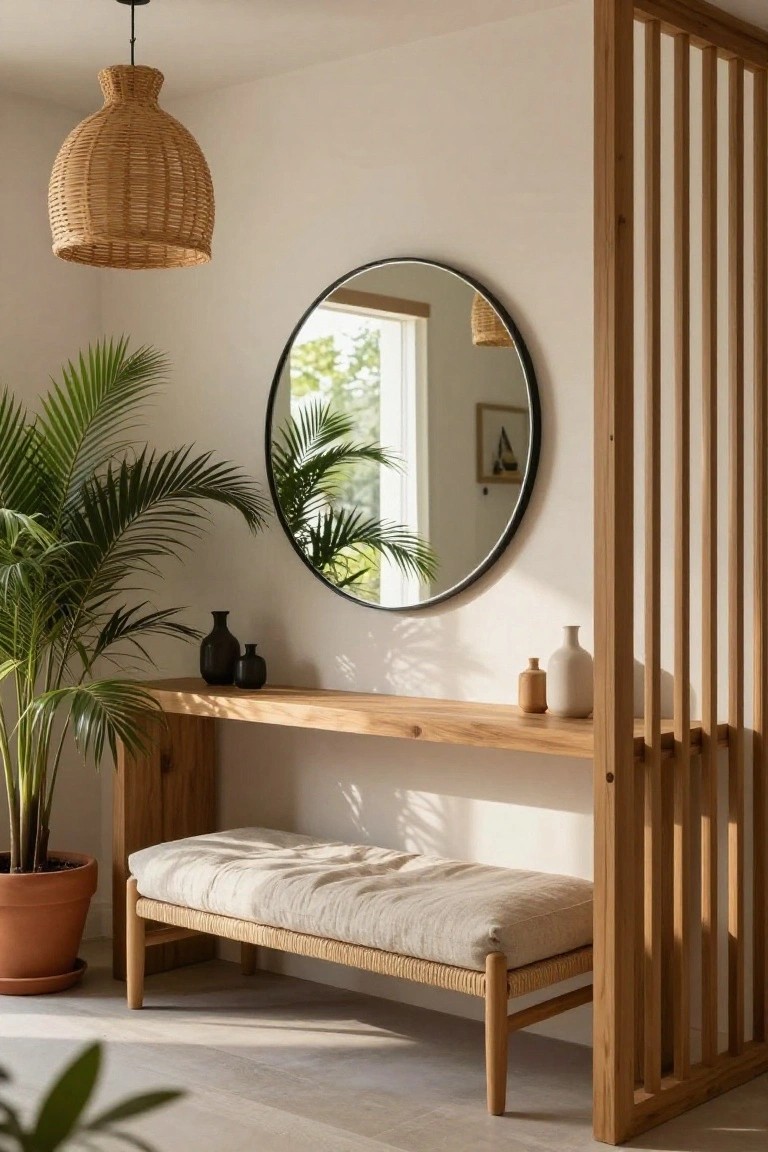 A wooden console table with a cushioned bench underneath sits against a white wall beneath a round mirror, with potted palm plants on the left and ceramic vases on the right.