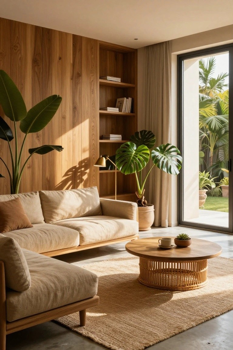 Sunlit living room with beige sofa, round wooden table, and lush tropical plants