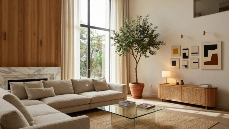 A modern living room with a marble fireplace set into a tall wood-paneled wall, a glass coffee table, and neutral sofas on a woven rug.