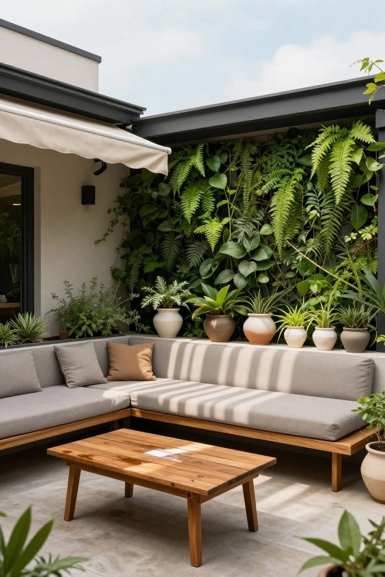 Modern patio with gray L-shaped sofa, wooden table, and lush vertical garden wall
