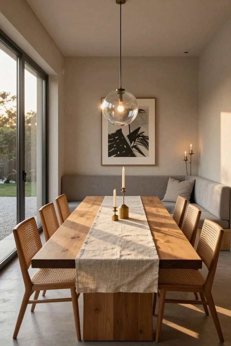 A dining room with a long wooden table, woven chairs on three sides, a built-in gray bench along the back wall, and a large glass pendant light above.