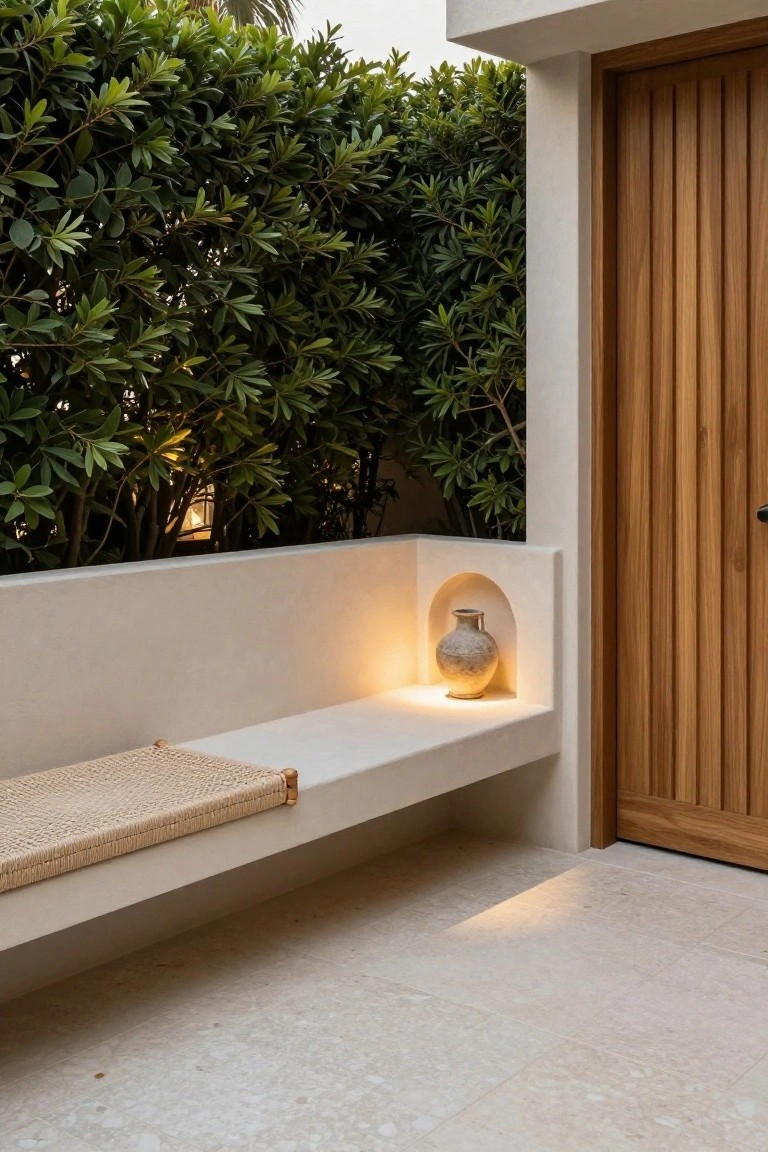 A long built-in concrete bench with a woven cushion sits against a wall, next to a recessed niche holding a ceramic vase under warm light, with a wooden door on the right and dense green foliage behind.