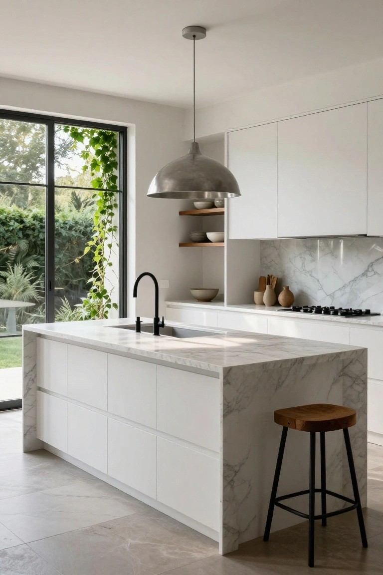 A modern kitchen with a large marble-topped island, white cabinetry, black faucet, and a wooden stool beside it.