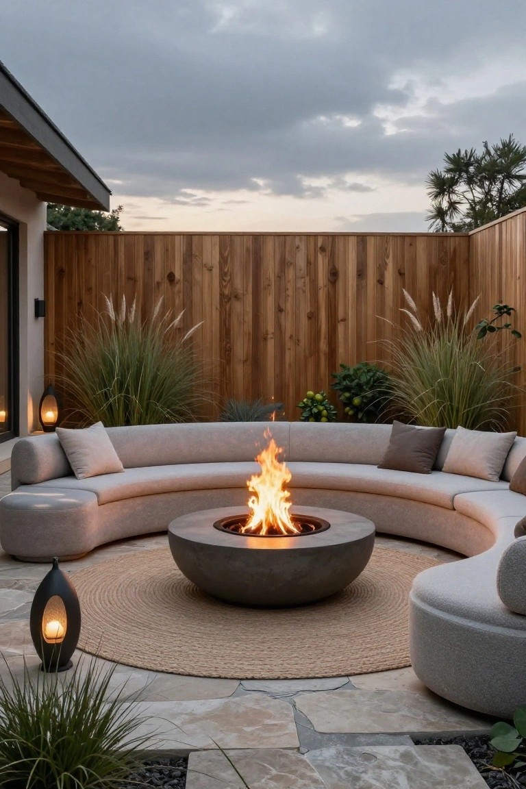 A curved sectional sofa encircles a round concrete fire pit on a stone patio with a tall wooden fence and tall grasses behind it.