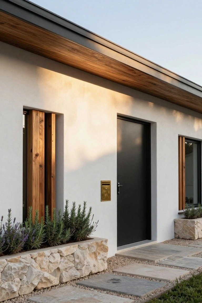 Modern home entrance with black door, wooden overhang, stone planters, and pathway.