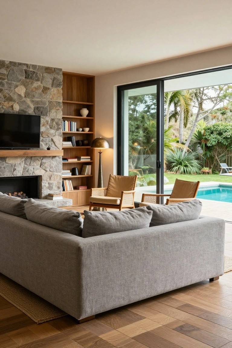A modern living room with a large gray sectional sofa, stone fireplace with built-in wooden bookshelves, and floor-to-ceiling black-framed sliding glass doors opening to a pool and garden outside.