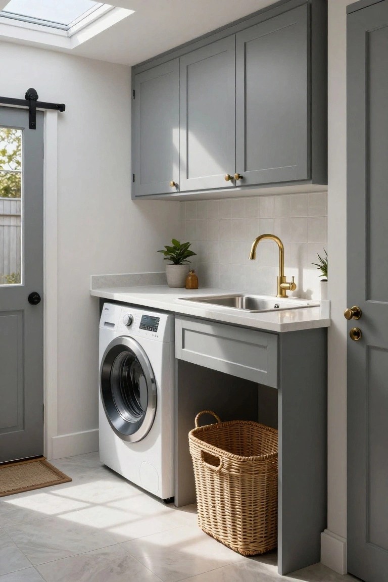 Modern laundry room with white washer, gray cabinets, sink, gold faucet, and wicker basket.