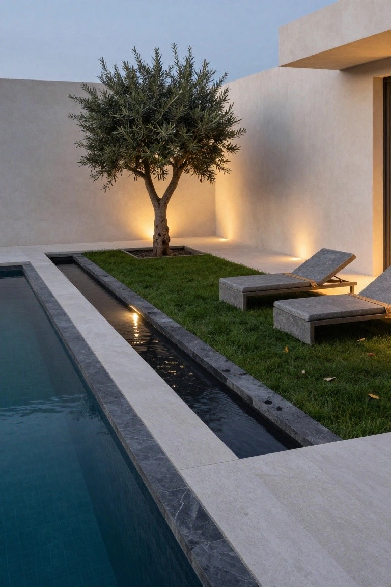 Modern villa pool area showing a long narrow water channel running parallel to the main pool, with grass, two stone lounge chairs, and a tree against light walls.