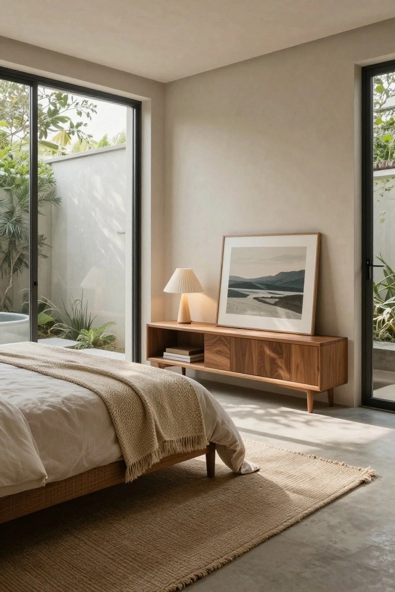 Minimalist bedroom with wooden bed, beige linens, woven rug, and console with art and lamp