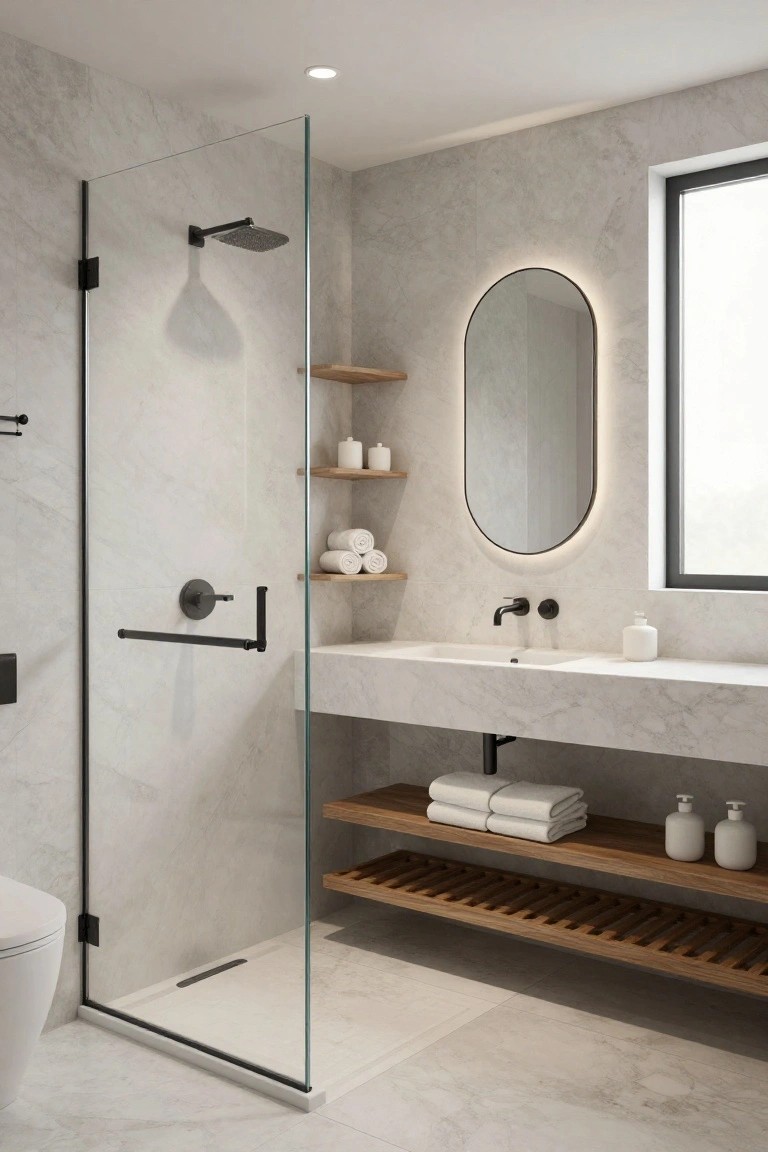 A modern bathroom with a glass shower on the left, a floating marble vanity with wooden open shelves below, and a backlit oval mirror on a marble wall.