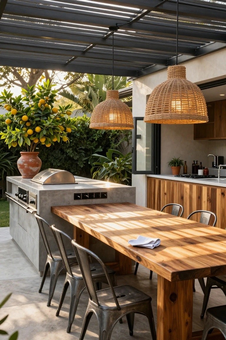 An outdoor concrete kitchen island with a grill sits next to a long wooden dining table under a pergola with woven pendant lights and metal chairs.