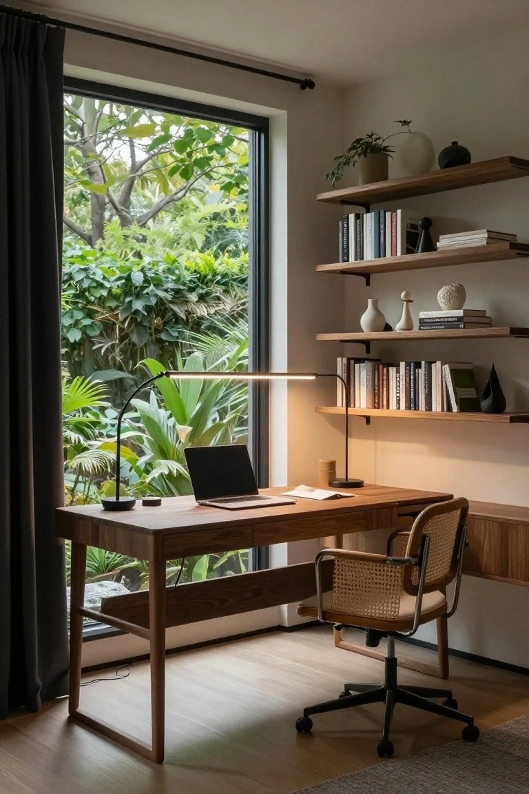 A wooden desk with a laptop and lamp sits in front of a large window overlooking green foliage, with floating shelves holding books and decor on the right wall and a woven office chair pulled up to the desk.