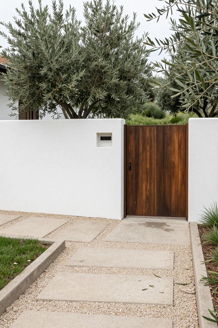Stepping stone path on gravel to wooden gate in white wall with olive trees