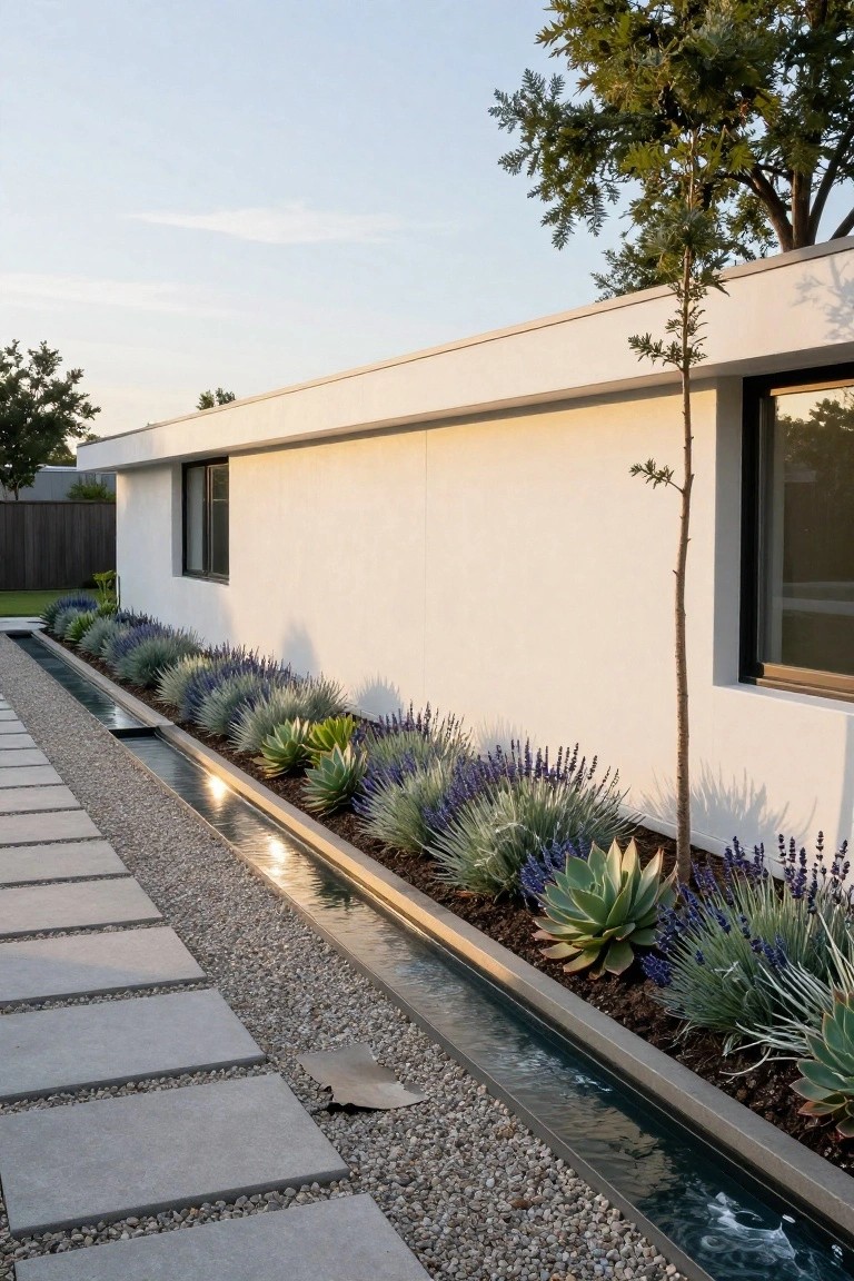 Modern white building with linear water channel, gravel path and succulent garden