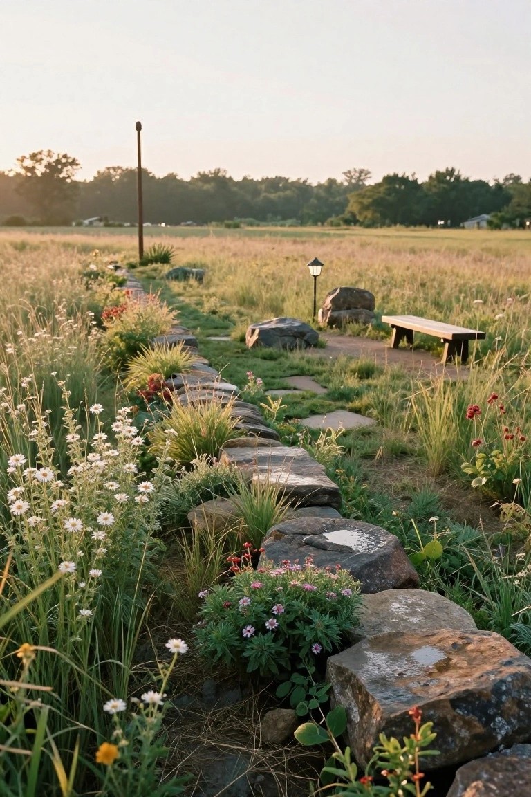 A stone path bordered by grasses and flowers runs through an open field with a bench and lantern visible in the distance.