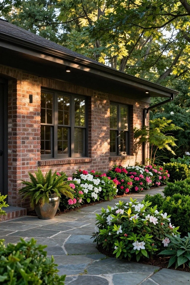 A brick ranch house with multiple windows, a stone front path, and layered flower beds filled with pink, white, and green plants along the foundation.