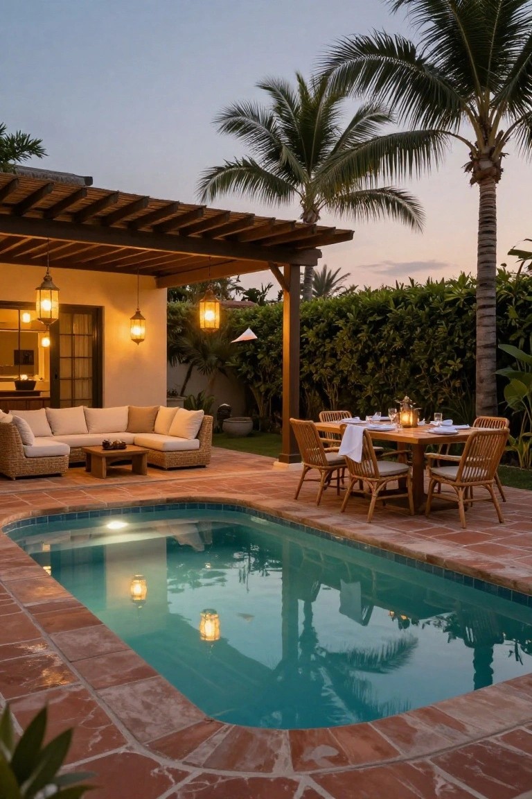 A rectangular pool with blue water sits next to a brick patio that holds a wooden dining table under a pergola, cushioned sofa seating, and hanging lanterns, with palm trees and greenery in the background.