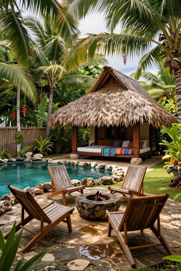 A thatched pavilion next to a pool with four wooden lounge chairs arranged around a stone fire pit on a paved patio.