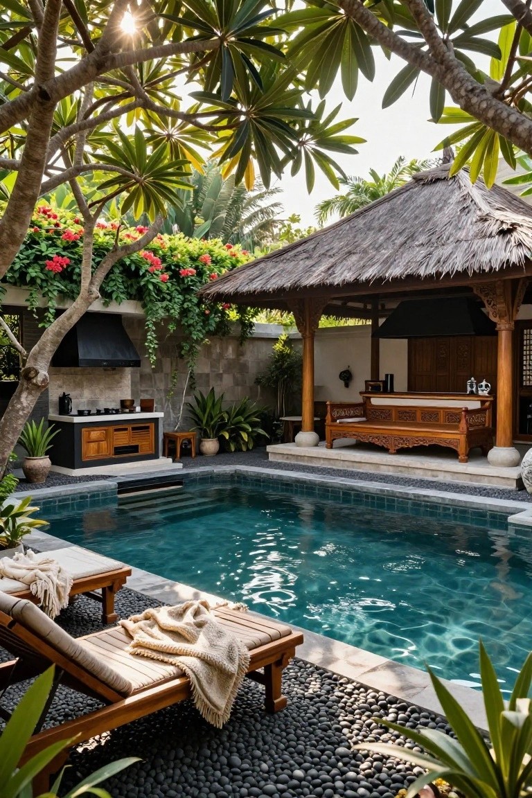 A tropical villa pool area with a thatched roof wooden pavilion, lounge chairs on pebble decking, and lush greenery surrounding the space.
