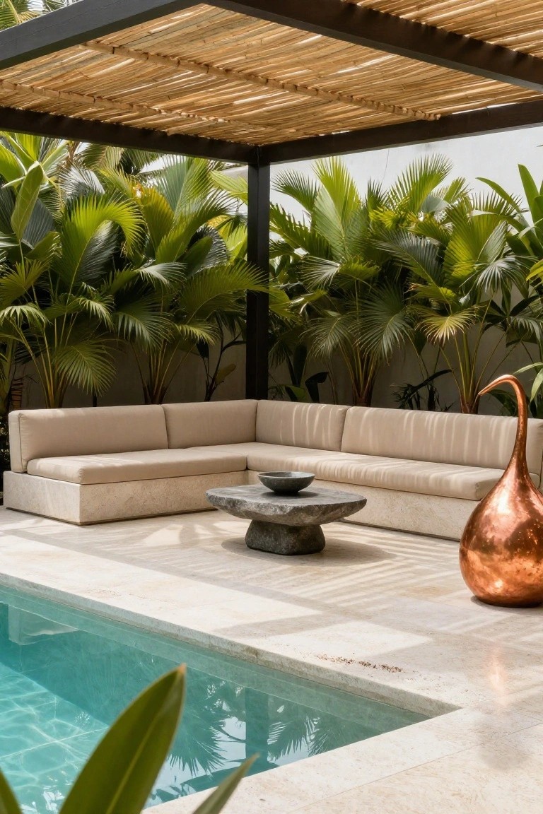 An outdoor poolside lounge with an L-shaped sectional sofa under a bamboo pergola, a stone coffee table, tropical plants, and a copper sculpture beside the water.
