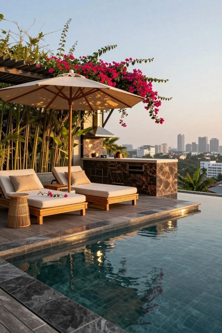 A rooftop pool deck features two wooden lounge chairs under a large beige umbrella, an outdoor kitchen with dark stone counters, tropical plants including bamboo and pink bougainvillea, and a swimming pool overlooking a city skyline.