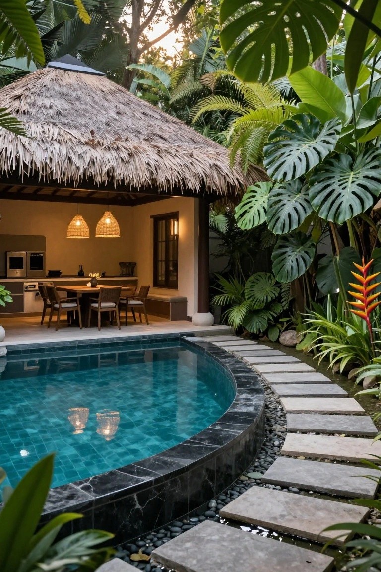 A curved pool with dark stone edging sits beside a thatched roof pavilion that holds an outdoor kitchen and dining table, with tropical plants and a stone path along the side.