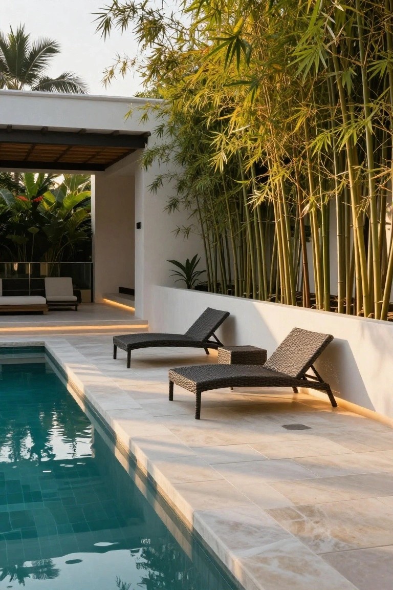 Two lounge chairs on a stone pool deck with tall bamboo growing behind a low white wall.