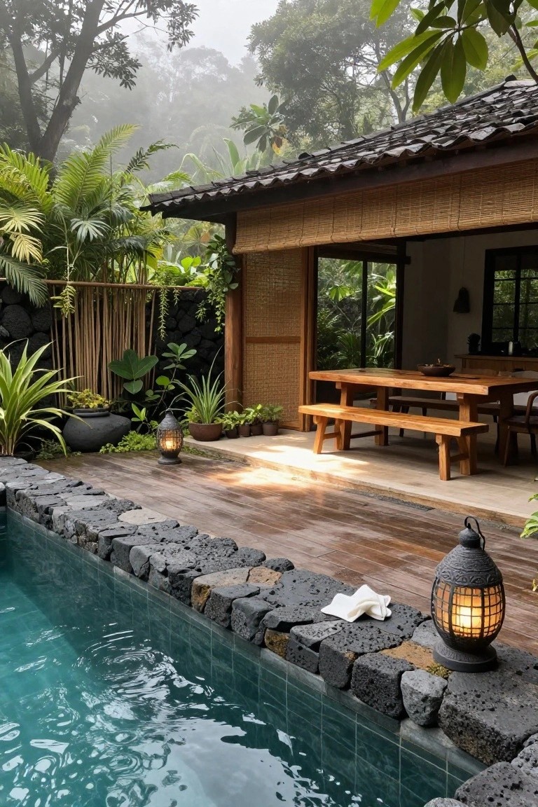 A wooden deck with a dining table and benches sits beside a pool with dark stone edging, surrounded by tropical plants, bamboo screens, and lanterns.