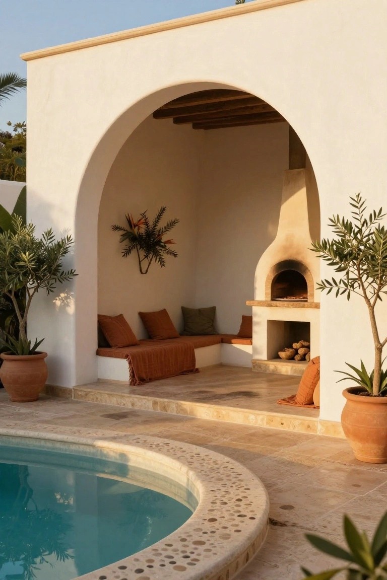A swimming pool with a pebble-tiled edge sits in front of a white arched alcove containing built-in bench seating and a tall outdoor oven.