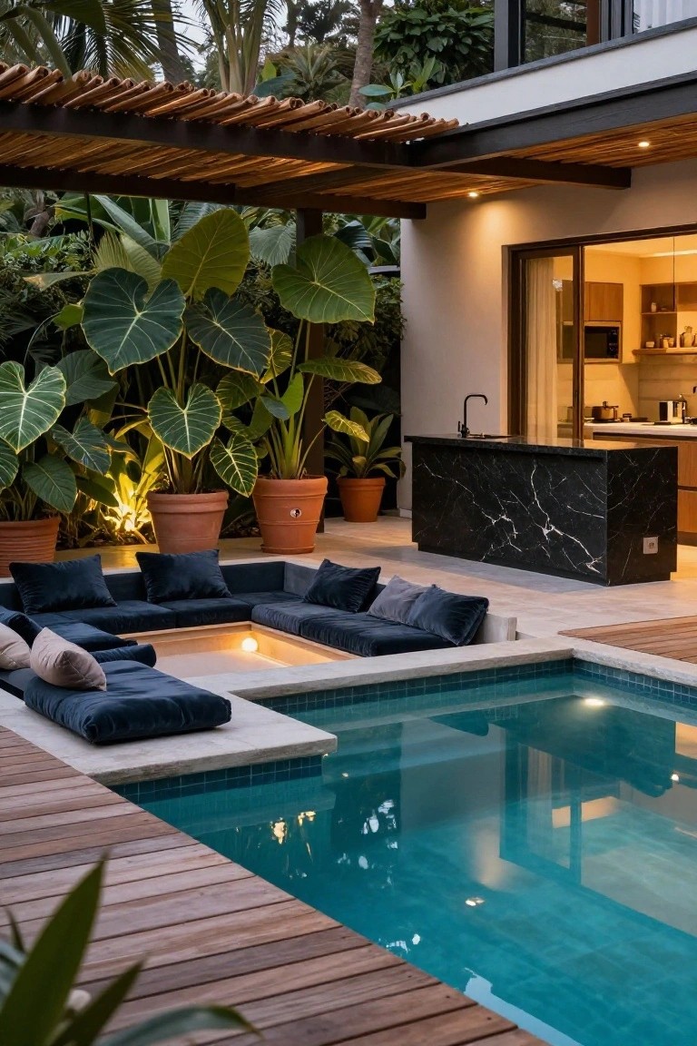 An outdoor pool with built-in cushioned seating along the concrete edge, a black marble kitchen island nearby, and large tropical plants in terracotta pots under a wooden pergola.