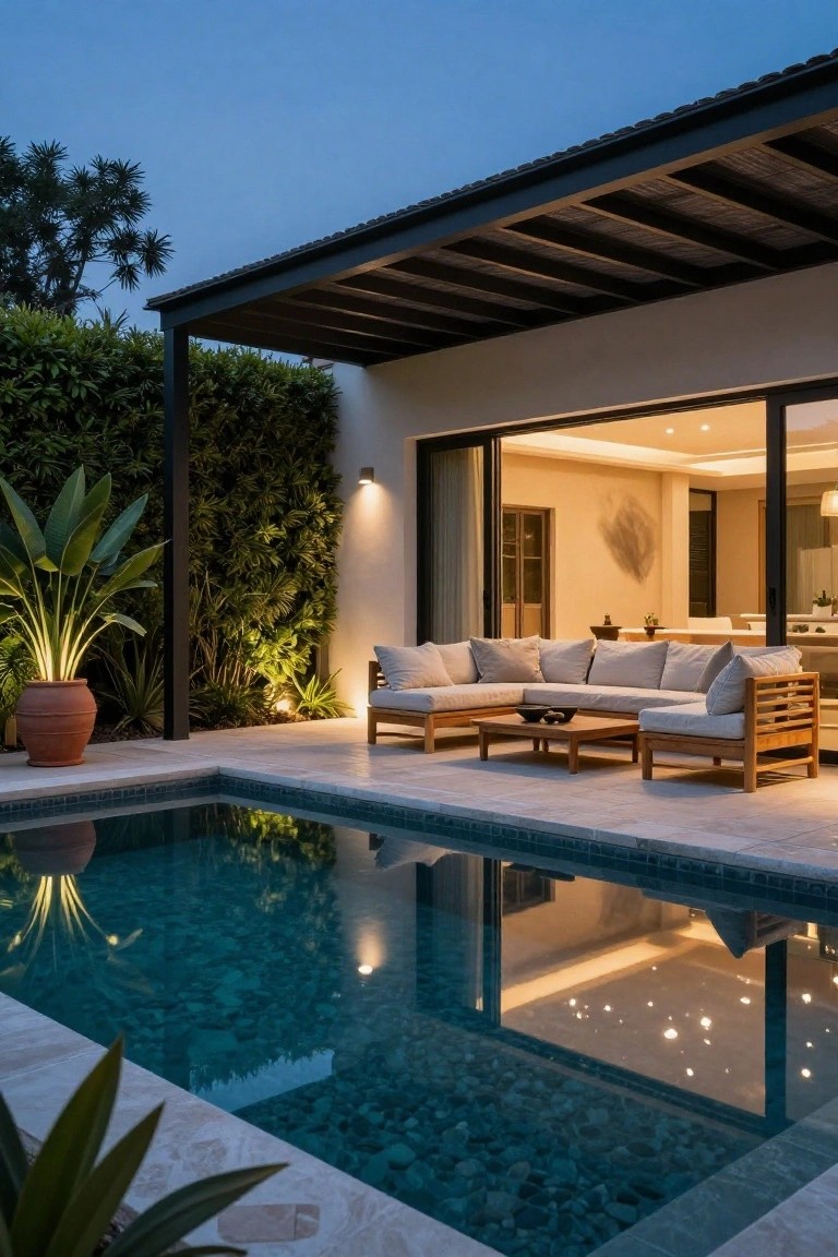 A modern villa pool at dusk with a covered patio holding wooden sofas with light cushions and a low table, surrounded by tropical plants.
