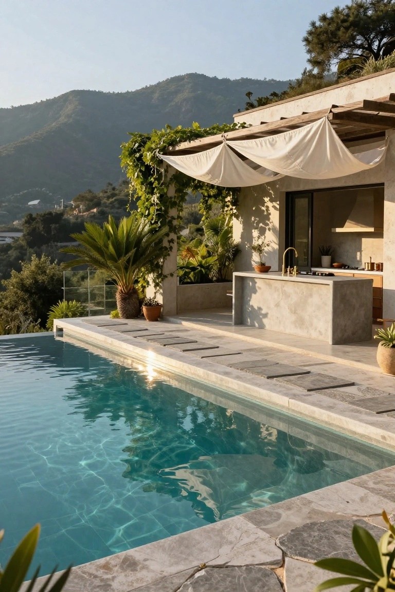 An outdoor concrete kitchen counter sits beside a long pool, shaded by white fabric sails on a wooden pergola with tropical plants around the edges.