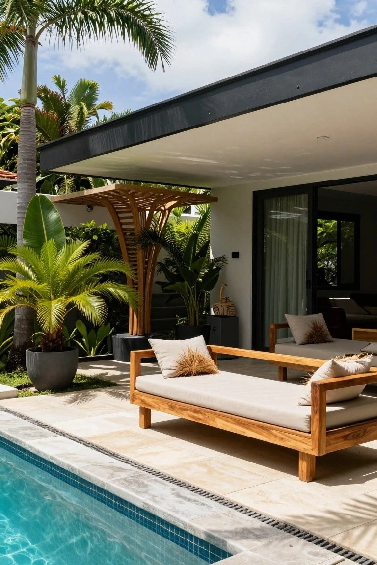 Teak lounge chairs poolside with beige cushions amid lush tropical plants