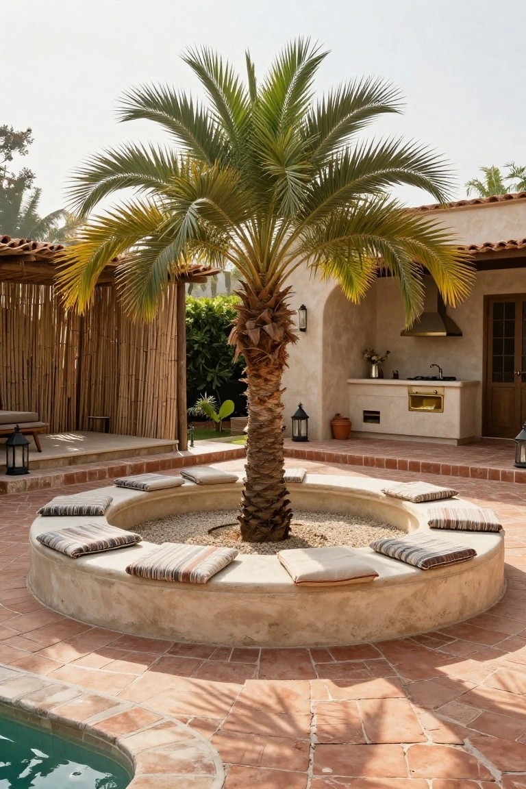 A circular concrete bench with striped cushions surrounds a tall palm tree on a brick patio next to a pool, with an outdoor kitchen visible in the background.