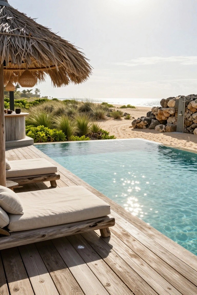 A wooden deck with lounge chairs under a thatched shade structure beside an infinity pool overlooking a beach.