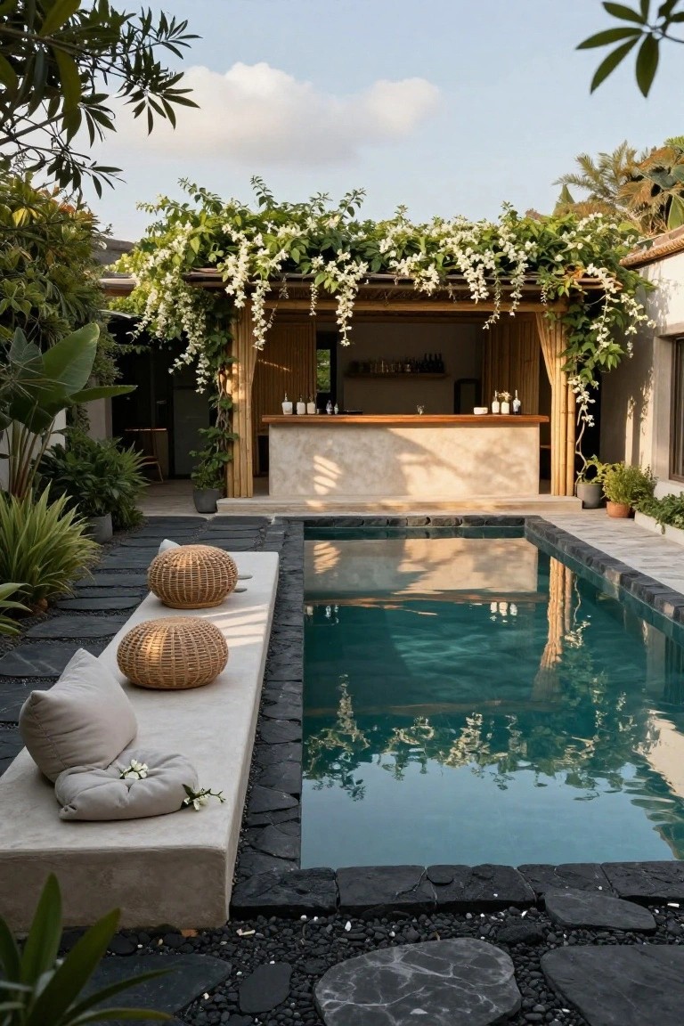 A swimming pool next to a concrete bar counter under a wooden pergola covered in white flowering vines, with a stone bench and cushions in the foreground.