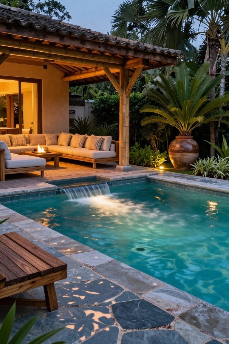 A turquoise pool with a small waterfall spilling from a wooden deck, next to a covered lounge area with cushioned sofas under a rustic wooden and bamboo-style roof, surrounded by tropical plants and a large clay pot.