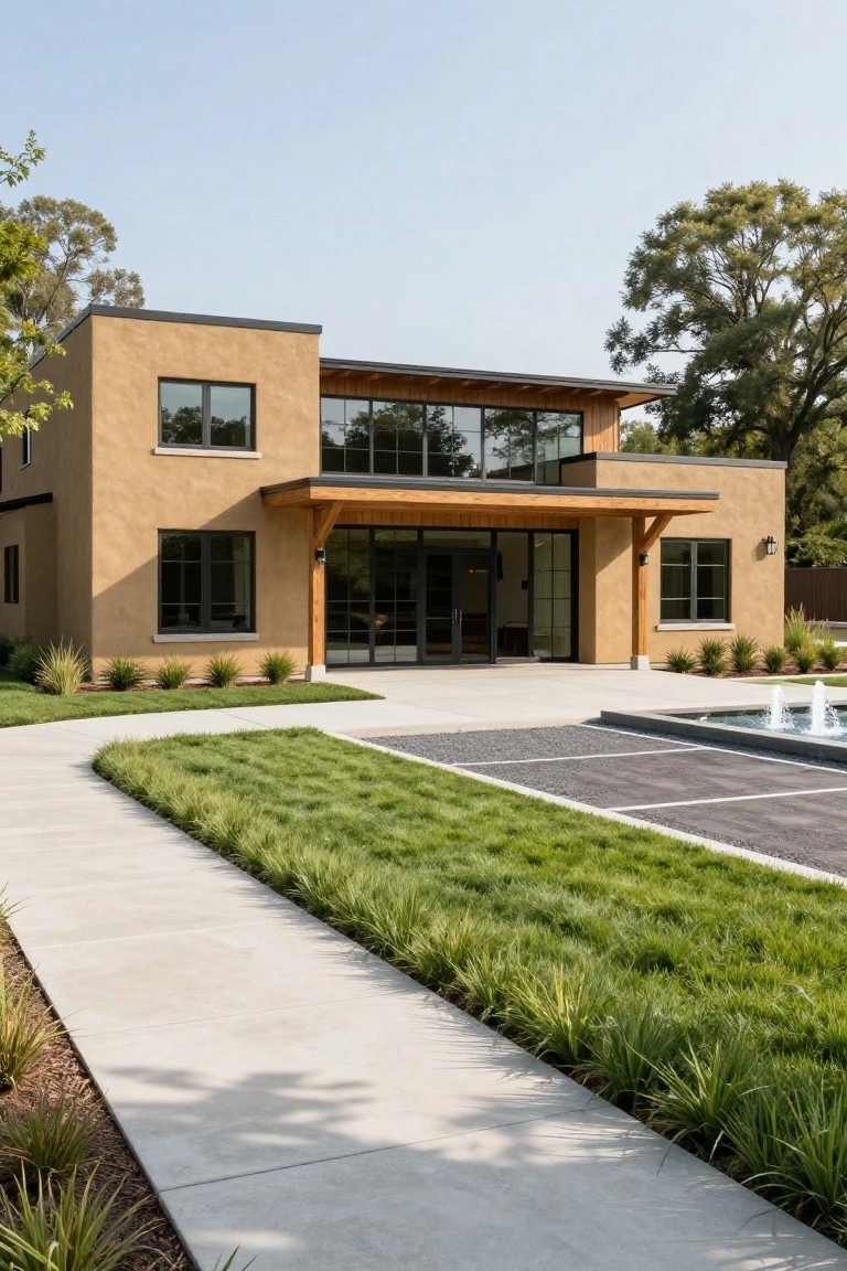 A modern ranch home with tan stucco walls, wood beams and trim around the entry, large black-framed windows, and a concrete driveway with grass.