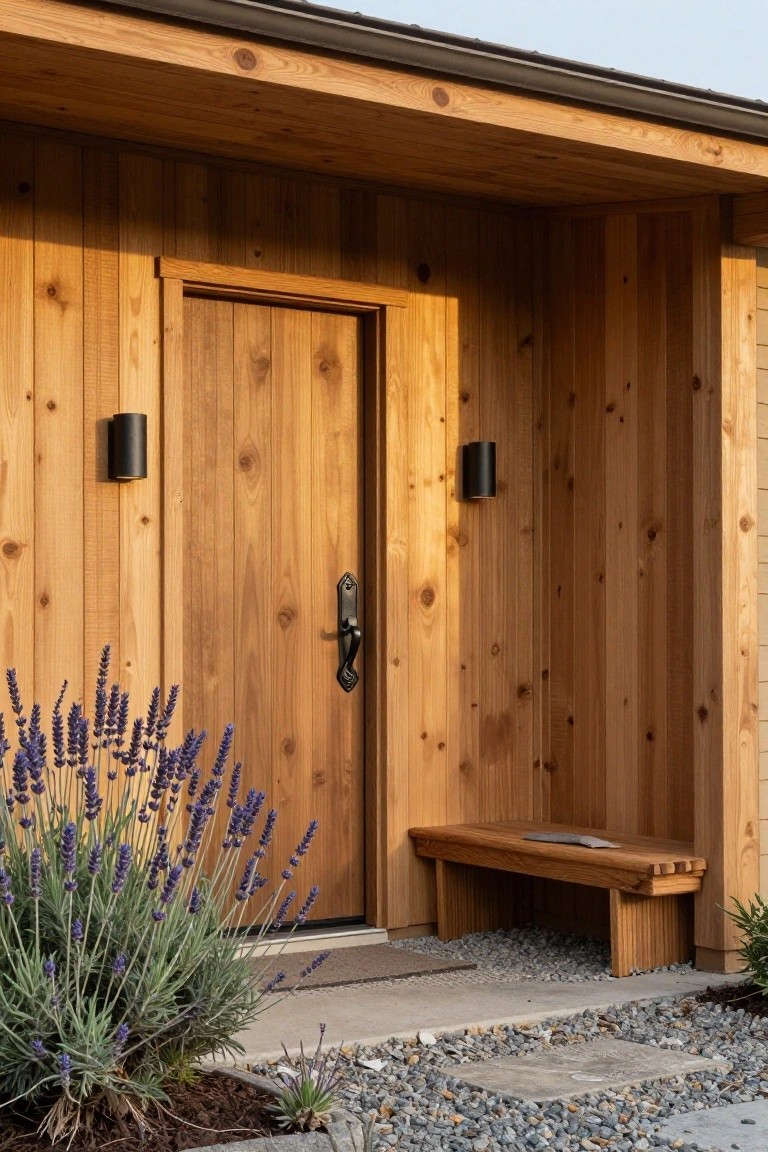 A wooden front door centered in matching wood siding with two black sconces, a wooden bench, and lavender plants beside a gravel path.