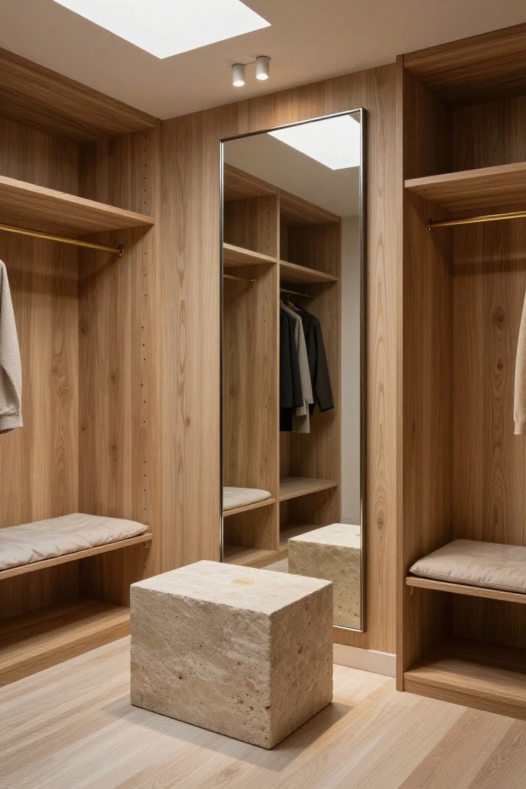 A modern walk-in closet featuring light wood built-in shelving, a full-height mirror integrated into the cabinetry, and a stone cube stool on a light wood floor.