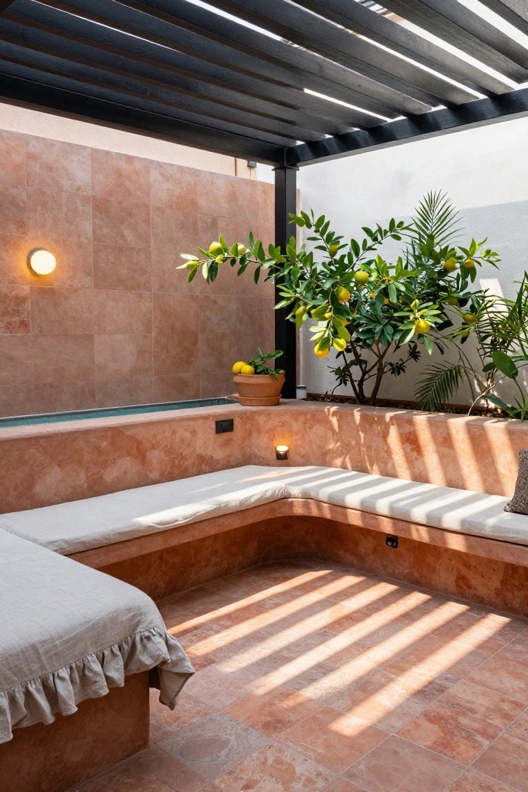 An outdoor patio with L-shaped built-in seating, terracotta tiles, and a potted citrus tree beside a small pool edge.